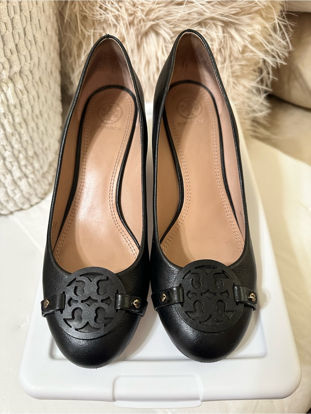 Tory Burch Black Leather Logo Round-Toe Wedges